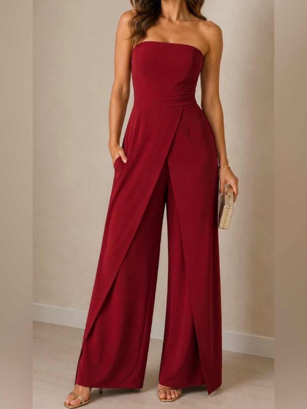 White House Black Market Strapless Wide-Leg Jumpsuit in Burgundy